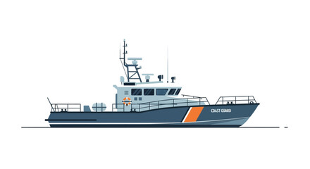 Flat design illustration of a Coast Guard patrol boat on a white background. © Jaya