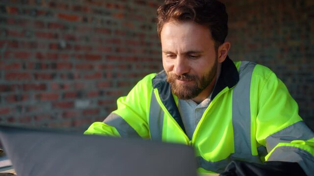Reading, thinking or man with laptop at construction site, engineering or property development idea. Smile, infrastructure reflection or contractor with renovation planning, building insight or pc