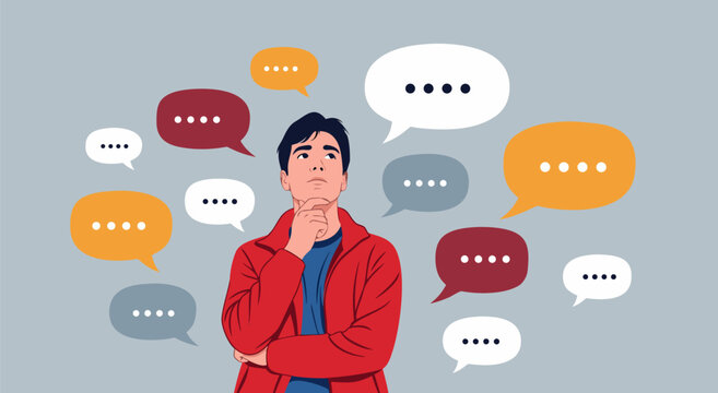Thinking man with thought bubbles vector illustration of a person pondering ideas and communication concept