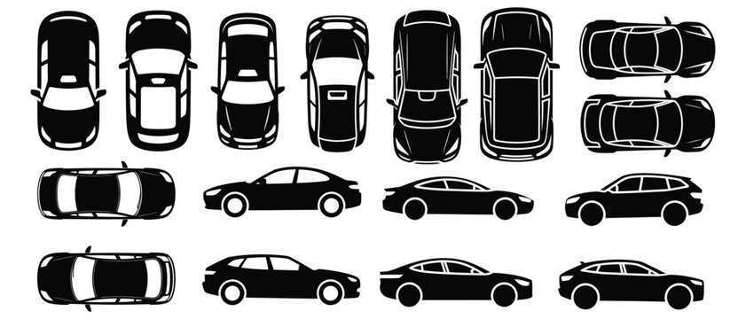 Automotive silhouette vector illustration set with various car models in top and side view.