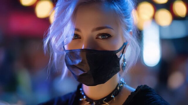 A captivating portrayal of a masked individual, showcasing stunning blue lighting, elegant accessories, and expressive eyes in an atmospheric environment.