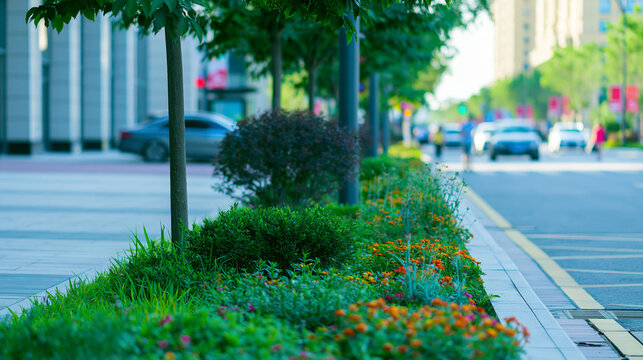 median. Urban boulevard with a lush green median strip planted with shrubs and flowers. gardening catalogs, home-decor guides, designed for gardening and botanical catalogs, used by teachers.