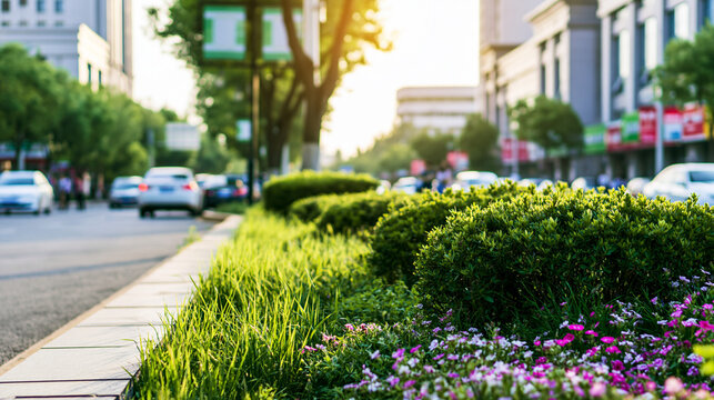 median. Urban boulevard with a lush green median strip planted with shrubs and flowers. gardening catalogs, home-decor guides, designed for gardening and botanical catalogs, used by teachers.