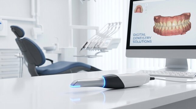 Intraoral dental scanner on a desk in a modern dental clinic