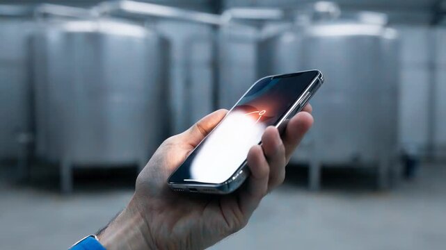 Medium shot highlighting a mobile alert notification on a smart device triggered by abnormal liquid pressure detected by remote IoT tank sensors for immediate response