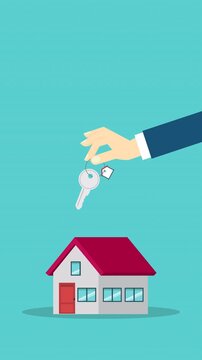 Hand holding key over the house. House buying 4k video animation