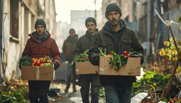 Men Carrying Boxes of Fresh Produce in Urban Setting.