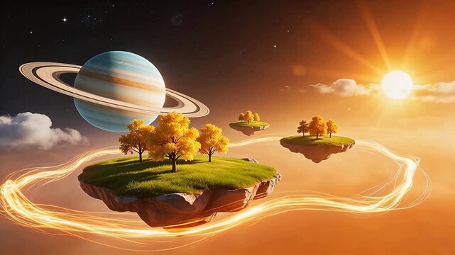 Floating islands with trees and planet