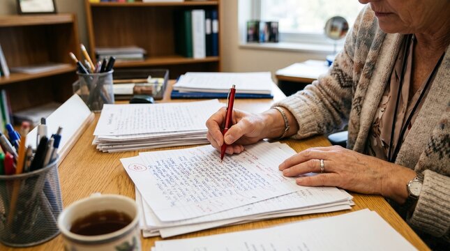 Teacher grading student papers at desk with red pen and coffee