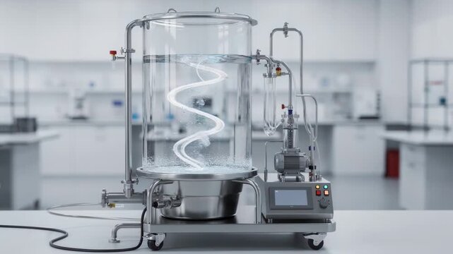 Medium shot of a compact aerobic fermentation skid showing transparent fermenter with active bubbling integrated pumps filters and userfriendly control panel in a clean lab