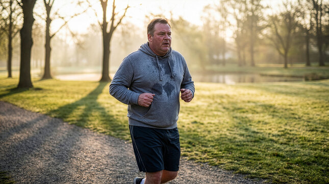 Caucasian middle aged plus size man sweats while running to lose weight in a misty park