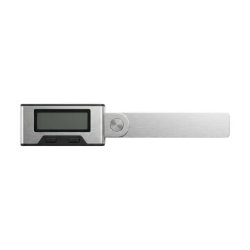 Digital measuring tool with LCD screen and sliding scale on neutral background.