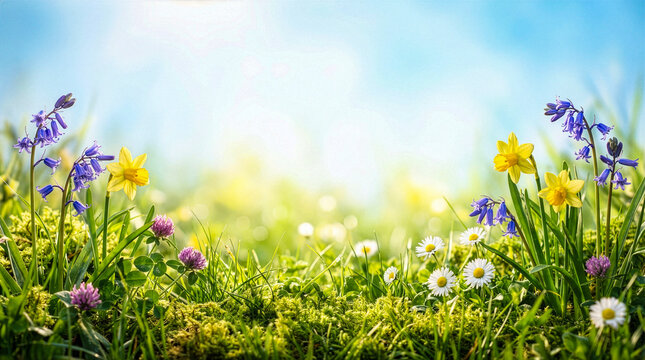 Close up view of bluebells, daffodils, and daisies growing in a lush mossy meadow