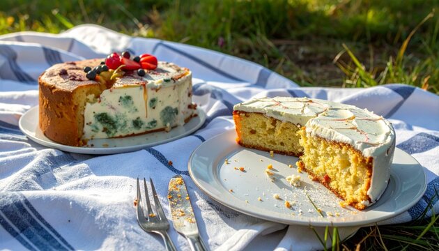 Delicious cakes on a picnic blanket in a sunny field.