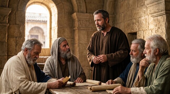Five men gather in a stone room to discuss ancient law. Paul the apostle speaks with men who have taken a vow. Biblical scene representing disciples studying scrolls in temple.