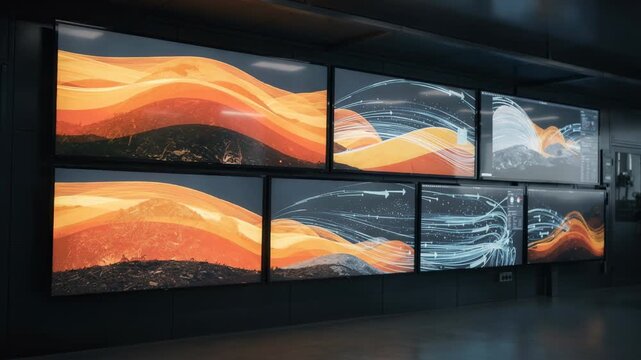 Medium shot of a control room wall displaying digital twin compost pile data with dynamic temperature and airflow visualizations on multiple large screens