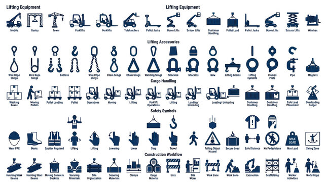 Industrial Lifting Equipment, Accessories, Cargo Handling, Safety Symbols, Workflow Icons