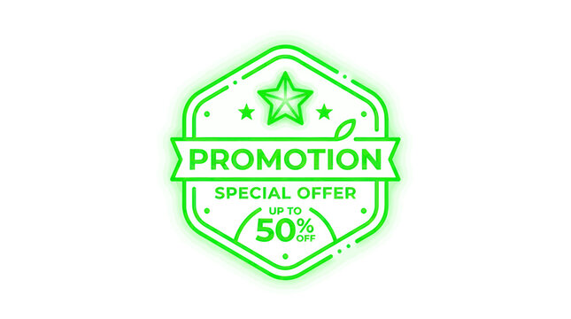 Neon Green Promotion Badge with Star, Special Offer Up To 50% Off