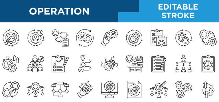 Operation line icons set with workflow, process, operation control, business automation, optimization, planning, and work cycle concepts. Editable stroke vector collection.