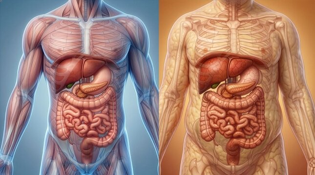 Human body anatomy showing organs of the digestive system and their functions in health and disease