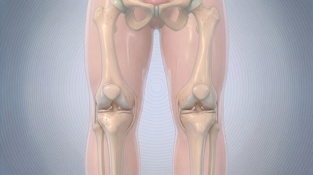 Human legs showing knee joint structure and function with focus on ligaments and bones