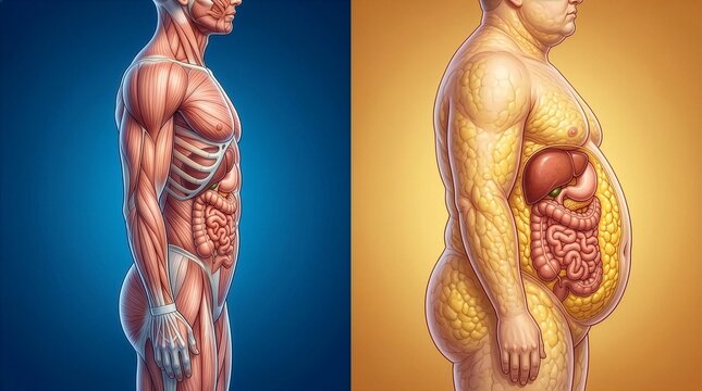 Comparison of muscular body and obese body showing human anatomy and digestive system details