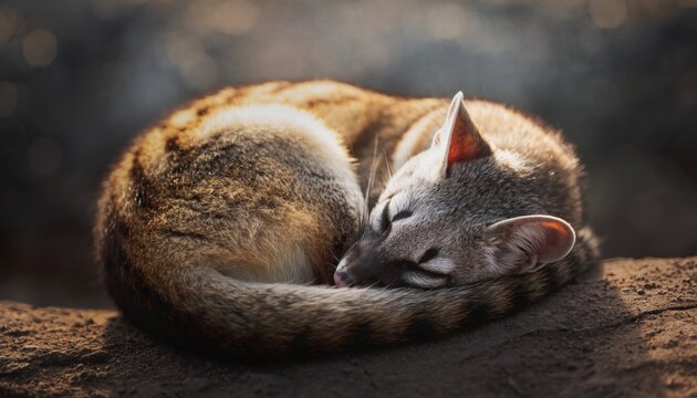 Adorable Fennec Fox Curled Up Asleep in Natural Habitat.