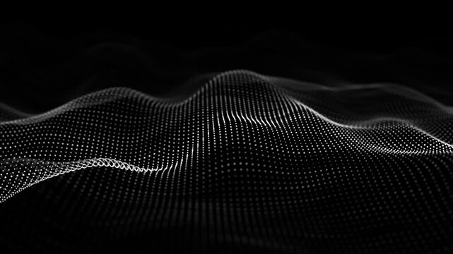 Abstract monochrome particle wave surface on black background, flowing dotted grid landscape with soft depth of field. Futuristic data visualization concept for technology, science, and finance.