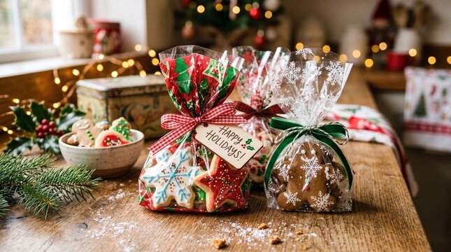 Homemade decorated Christmas cookies in festive gift packaging on rustic kitchen counter. Beautifully wrapped gingerbread man and snowflake biscuits for seasonal holiday food marketing