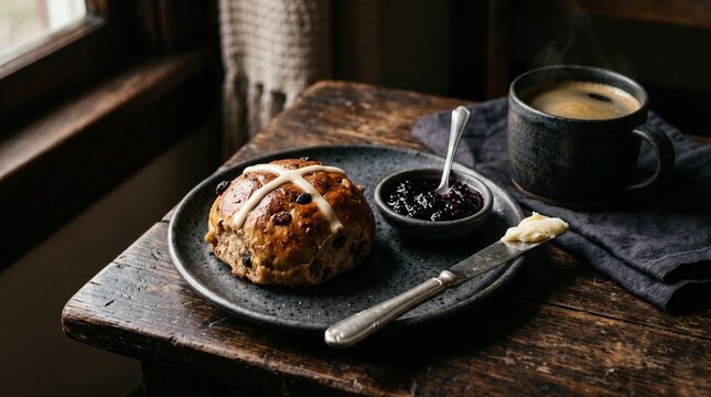 Cozy morning breakfast scene featuring traditional hot cross buns, butter, and hot coffee by the window. Close up of black coffee and traditional Good Friday hot cross buns for cafe menu design