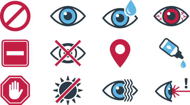 Ophthalmology and Eye Care Restriction Icon Set with Dry Eye, Redness, Prohibited Symbols, Drops, and Vision Warning Signs for Medical Applications