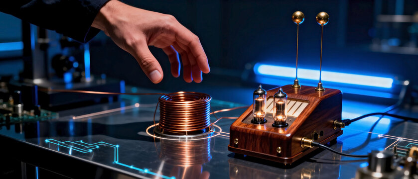 Theremin hand waving over antennas creates captivating sound, eerie blue light fills modern laboratory. Wooden theremin hand waving setup features glowing metal rods.