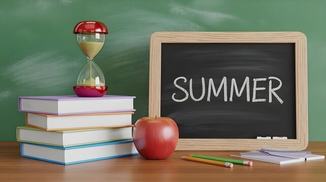 Stacked books with hourglass and apple on desk in front of chalkboard with summer written