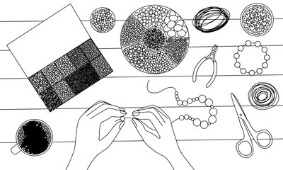 Hand drawn jewelry making process vector illustration. Hands making beads at the table, beadwork © Александра Кириченко