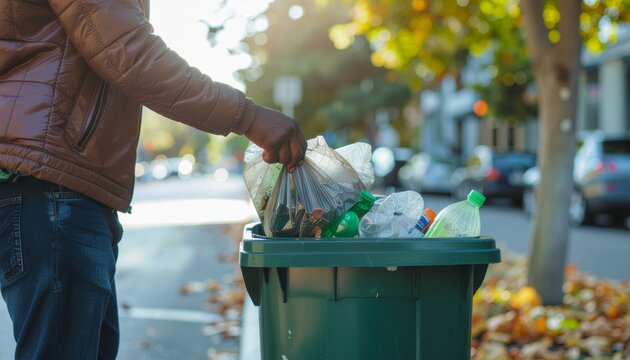 Thoughtful African man throwing a bag of recycle waste into a bin on the city