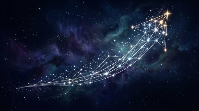 Glowing star constellation forming an upward arrow in deep space representing growth and success in a magical cosmic style