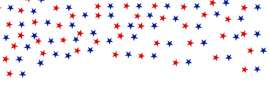 Red and blue stars confetti falling on transparent background for patriotic USA independence day background vector.