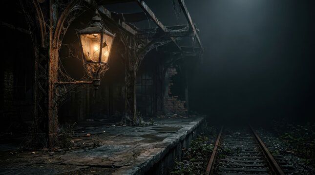 Abandoned old train station platform at night with glowing vintage lamp