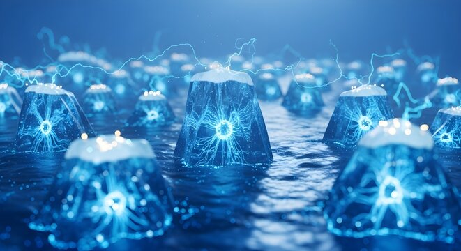 Abstract glowing icebergs with electric energy in blue ocean