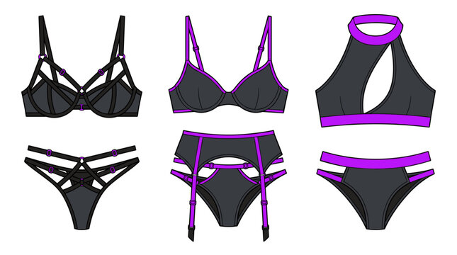 women strappy harness bra and garter panty set vector drawn template