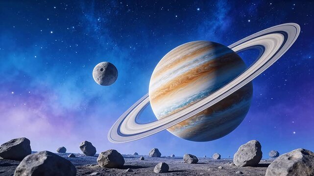 Planet with rings and celestial bodies