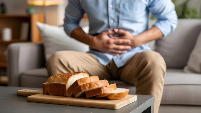 Man experiencing stomach pain and indigestion while sitting near fresh sliced bread on a wooden board in a living room illustrating gluten intolerance food sensitivity and health