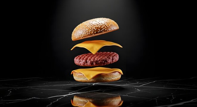 Exploded burger with sesame bun and cheese dark marble background high quality professional