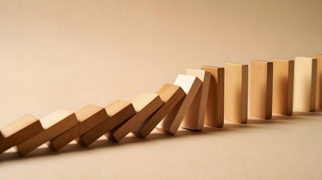Wooden dominoes falling in a row on a beige background illustrating a chain reaction