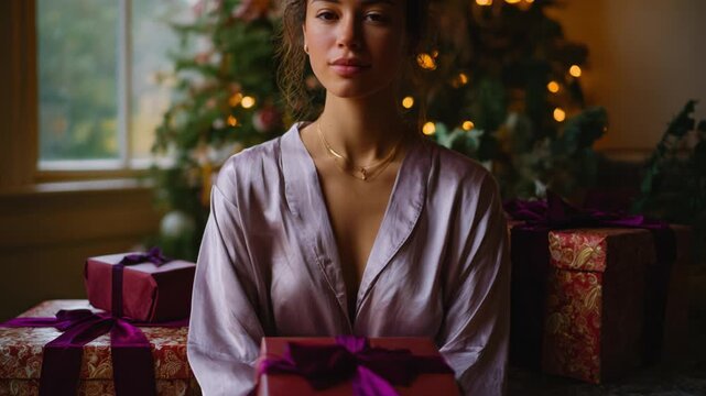 A Young Woman in a Silk Robe Poses Elegantly with Gift Boxes Wrapped in Purple Ribbons Surrounded by a Festive Christmas Tree in a Cozy Indoor Setting