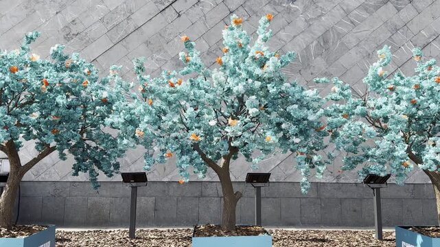 Moscow, Russia, 25 May 2026. Artificial trees installed near Pavilion No. 12, the Trade Unions Exhibition Center at VDNH. The building is clad in gray granite, creating a contrast between modern decor
