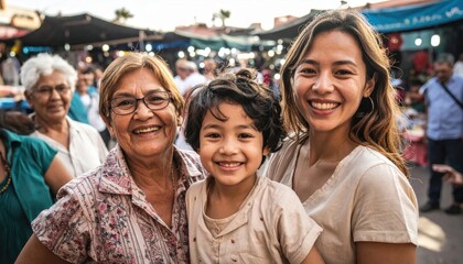 Fototapeta premium Three Generations of Women Smiling Together in a Lively Market.