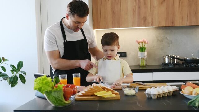 Father and young son work together in a contemporary kitchen, preparing breakfast with fresh ingredients and orange juice on the countertop