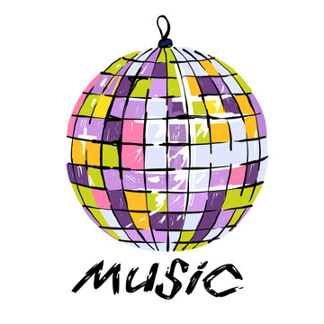 Vector illustration of retro disco ball with music lettering. Neon pop art mirror sphere icon with grunge texture for stickers and posters.