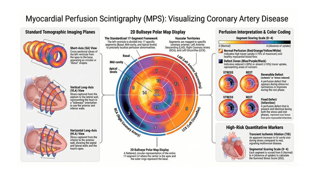 Myocardial Perfusion Scintigraphy (MPS): Standardized 17-Segment Tomographic Imaging, 2D Bullseye Polar Map Display and Quantitative Perfusion Interpretation for Coronary Artery Disease Diagnosis